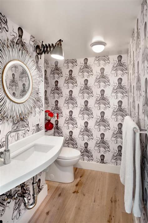 Modern Bath With Bold Octopus Wallpaper Hgtv