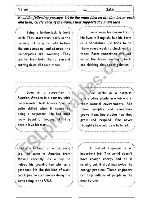 Identifying Supporting Details Worksheets