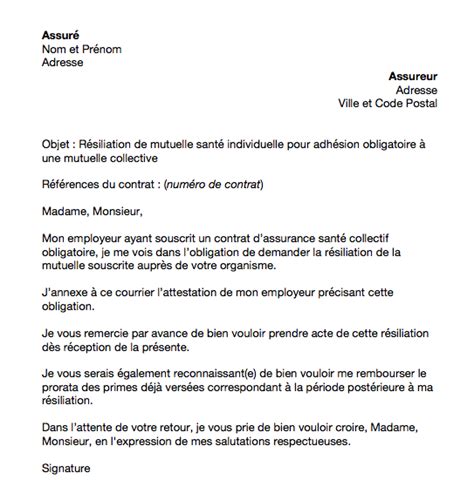 Lettre R Siliation Mutuelle Individuelle Pour Mutuelle Obligatoire