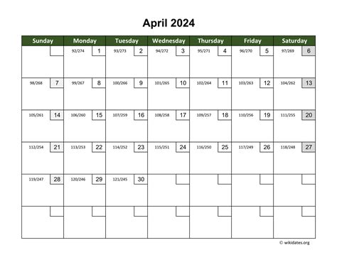 April 2024 Calendar With Day Numbers