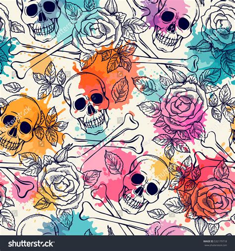 Seamless Pattern Skull Roses Freehand Drawing Stock Vector 532179718