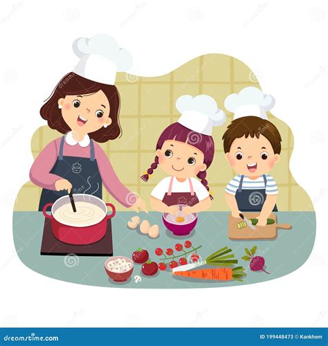 Dessin De La Mère Et De L enfant Cooking Au Comptoir De Cuisine Enfants