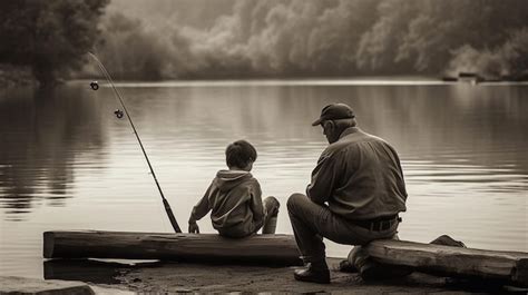 Padre E Hijo Pescando En Un Lago Abuelo Abuelo Pez De Montaña Unión En