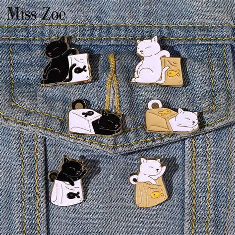 Black White Cats And Food Enamel Pins Custom Kitten Animal Brooches