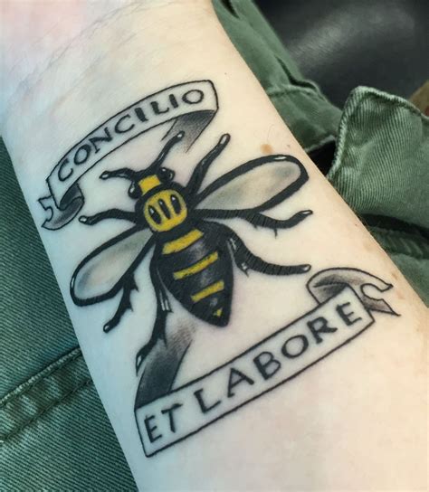 Tattoo Of The Manchester Worker Bee And City Motto Bee Tattoo
