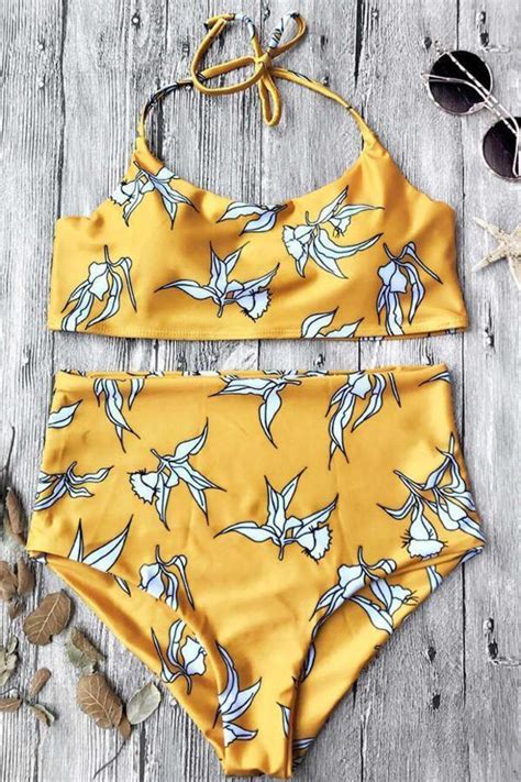 yellow white floral print crop halter bikini set in 2021 bikini set high waist swimwear