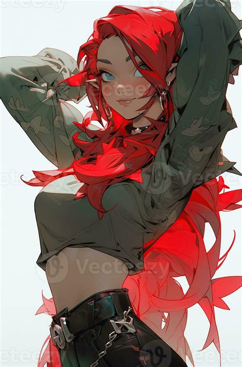 Pretty Anime Girl With Red Hair Pulled Back Created With Generative Ai
