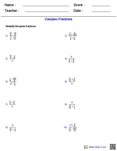 Math aids com fractions worksheets. Algebra 2 Worksheets | Rational Expressions Worksheets