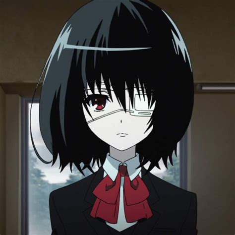 An Anime Character With Black Hair And Red Eyes Looking At The Camera While Standing In Front Of