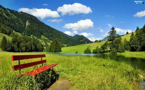 Viewes The Hills By River Bench Trees Beautiful Views Wallpapers