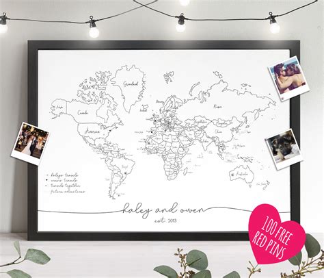 personalised framed travel world map push pin board fireflies designs