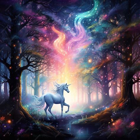 Premium Ai Image Painting Of A Unicorn In A Forest With A Stream Of