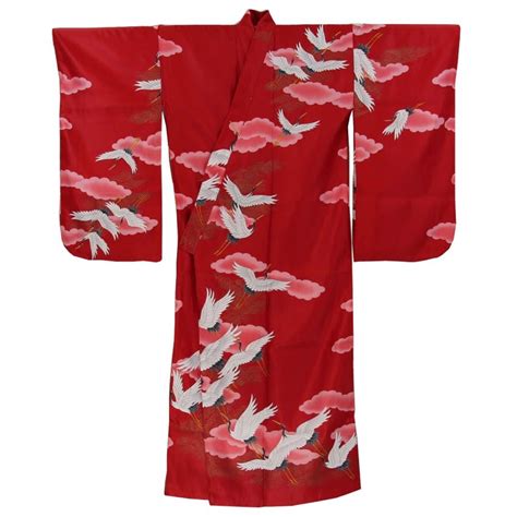 Womens Crane Red Japanese Kimono Robe Japanese Style
