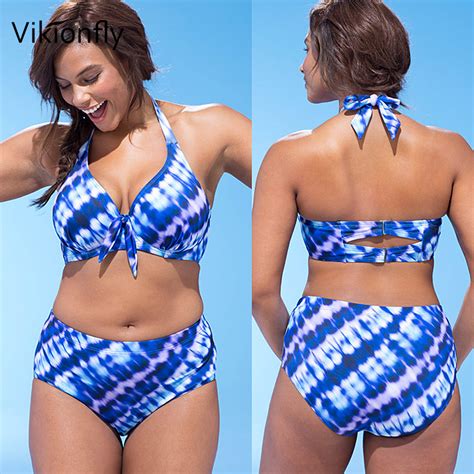 vikionfly super plus size high waist swimsuit bikini women 2021 blue print large size brazilian