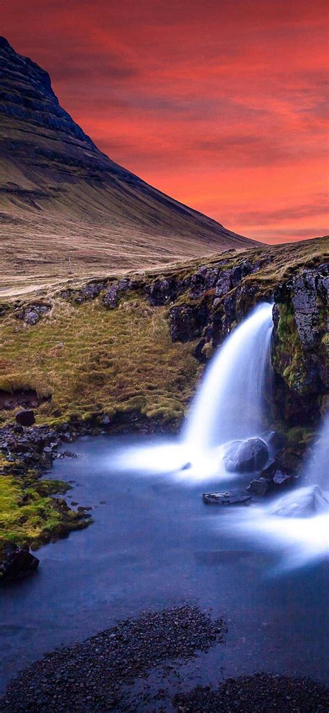 Sunset Kirkjufellsfoss Waterfall Kirkjufell Iceland Wallpaper Iphone