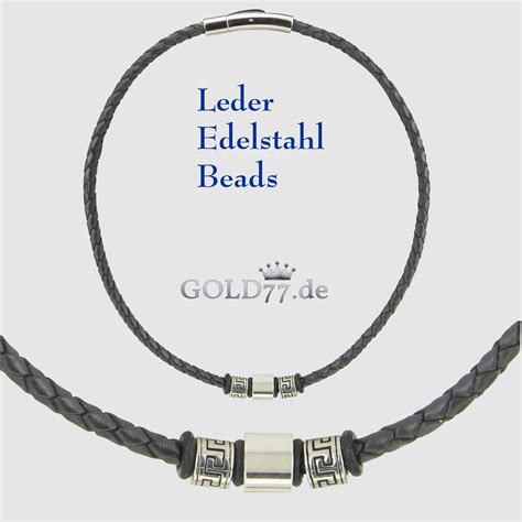 Lederkette mit Edelstahl Beads 01 geflochten SCHWARZ Länge 38 50 cm