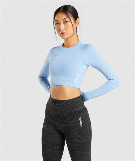 Gymshark Adapt Marl Seamless Long Sleeve Crop Top Light Blue Long