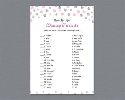 Disney Parent Match Game Printable Girl Baby Shower Games