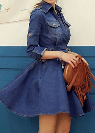 Stunning Waist Turndown Collar Blue Mini Dress Ncocon