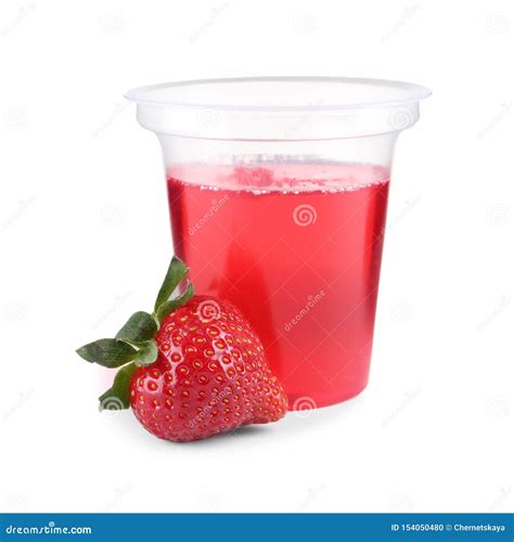 Strawberry And Tasty Jelly Dessert In Plastic Cup On White Stock Photo