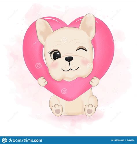 Cute French Bulldog And Heart Valentine`s Day Concept Stock Vector