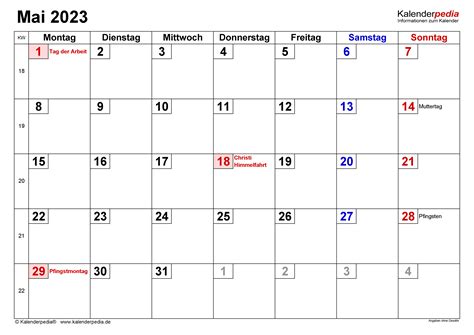 Kalender Mai 2023 Als Word Vorlagen