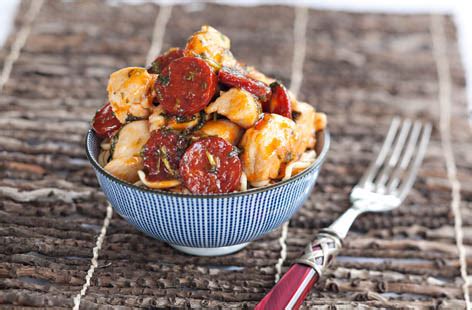 One the stock cube has fully dissolved, add the pasta and sweetcorn to the pan and let it simmer. sweet chilli chorizo chicken | Tesco Real Food