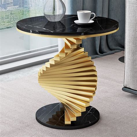 Modern Round Metal Black And Gold Side Table With Marble Tabletop End