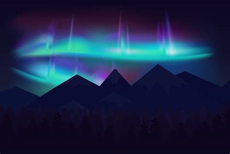 Vector Beautiful Northern Lights Aurora Borealis In Night Sky Over