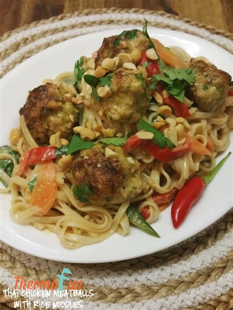 Thai coconut chicken soup (tom kha gai) with rice noodles. Thermomix Thai Chicken Meatballs with Rice Noodles ...