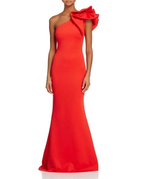 Lyst Betsy And Adam One Shoulder Ruffle Gown In Red