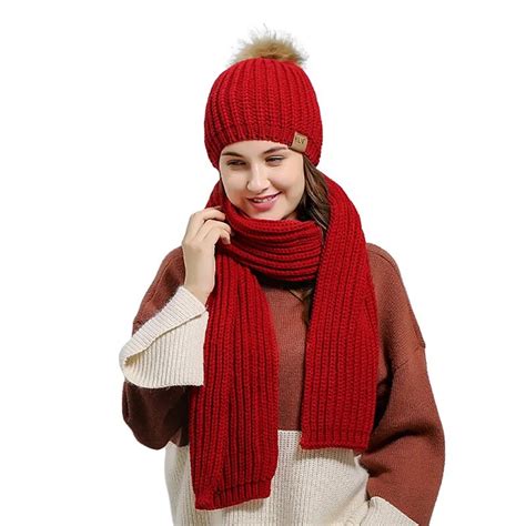 2 Pieces Hat And Scarf Women Winter Long Knit Fur Scarf Hat Scarf Winter Cashmere Knitting Wool