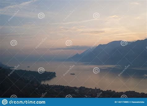 Panoramic View At Lake Garda Landscape From Top Of Monte Baldo Stock