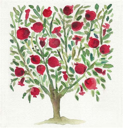 The Pomegranate Tree Original Watercolor Painting In Red Green