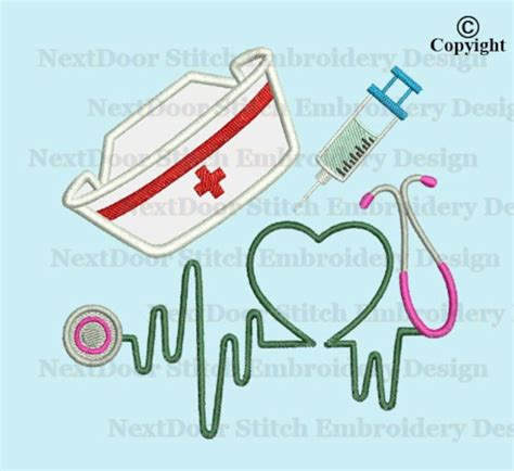 Nurse Hat Stethoscope Embroidery Syringe Needle Applique Etsy