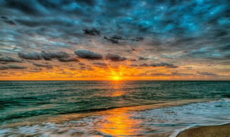 Sunset Sea Ocean Sandy Beach Waves Red Sky Clouds Summer Landscape