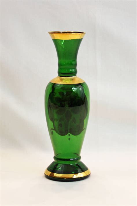 Vintage Lefton Emerald Green Bud Vase Gold Gilding Enamel Flowers Hand Blown Hand Painted