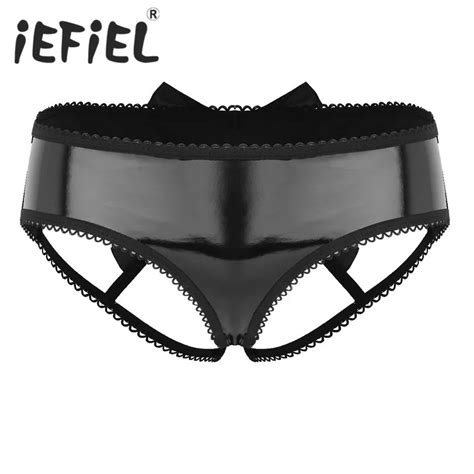 Iefiel Sexy Women Lingerie Cut Cage Back Hipster Panty Wet Look Faux