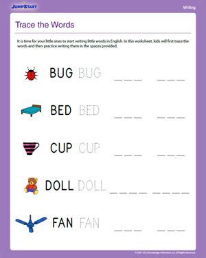 Trace the Words  Free Writing Worksheet for Kindergarten  Writing worksheets, Three letter