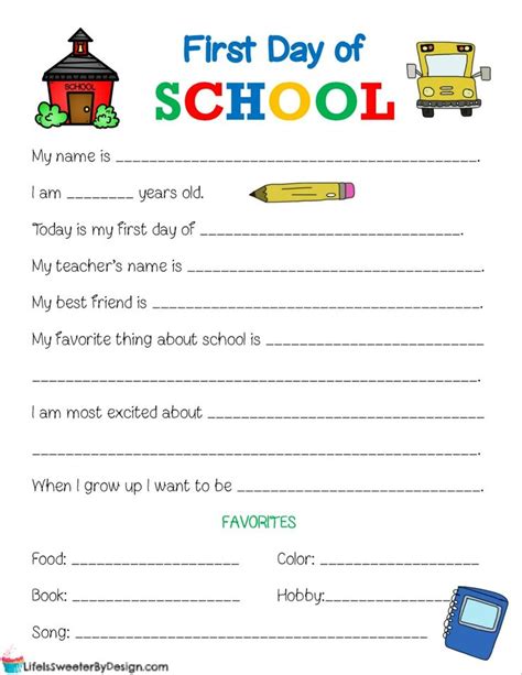 First Day Of School Printable Worksheet Will Provide Great Memories