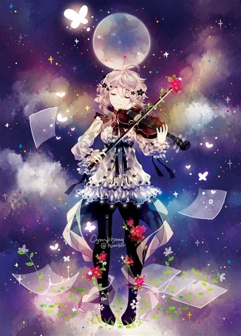 Anime Art Girl Musician Violin Moon Night Sky Music Anime