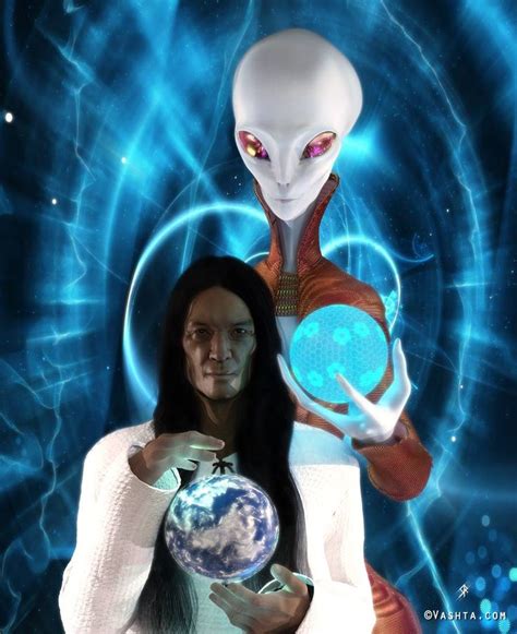 A Woman Holding A Globe In Her Hands And An Alien Standing Next To Her