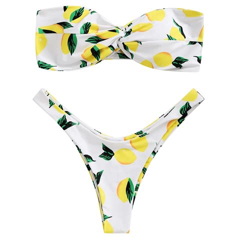 Lemon Print Twist Bandeau Bikini Set Strapless Mid Waist Bikini Swimwear Women Thong Bikini Push