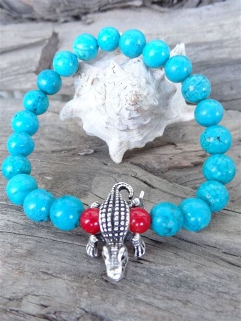 Turquoise And Coral Bracelet Silver Crocodile Bracelet Etsy