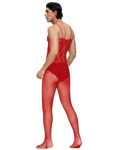 Sexy Red Crocheted Fishnet Bodystockings For Men Ohyeah