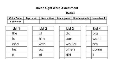 Dolch Sight Word Assessment Checklistpdf Dolch Sight Words Sight