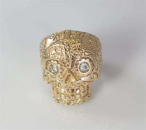 Handmade 14k Gold Sugar Skull Ring With Diamond By Asavagelife