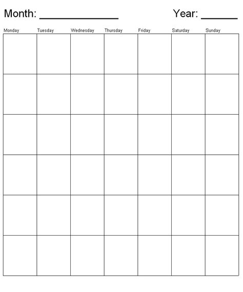 Monthly Calendar Generic Monday Starts Week Template For Penultimate