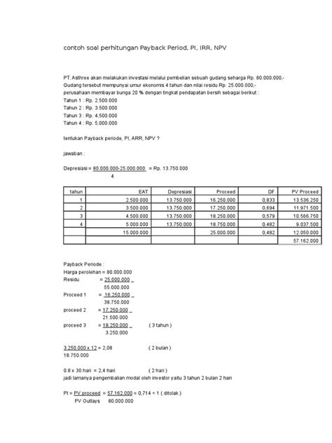 Contoh Soal Payback Period Npv Irr Pi - Bagikan Contoh