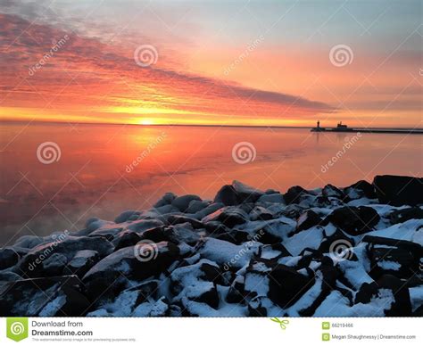 Sunrise Over Lake Superior Stock Photo Image Of Duluth 66219466